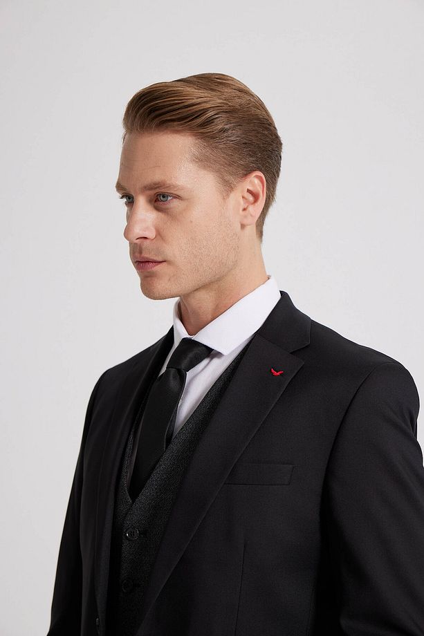 Slim Fit Siyah Düz Mono Yaka Tek Yırtmaçlı Astarlı Takim Elbise Kombinli - 3