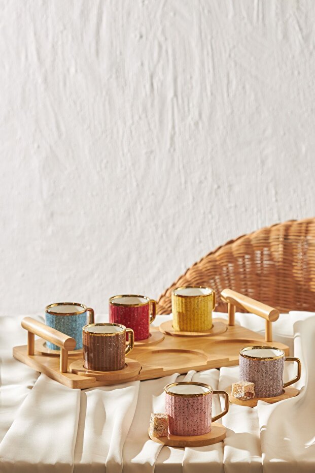 Színes kávéscsésze készlet bambusz tálcával ajándék 6 személyes 90 ml - 5