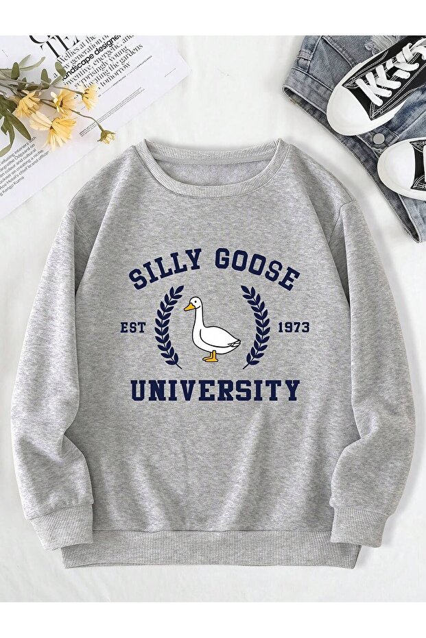 Silly Goose Thick Winter Sweatshirt - Gray Printed Oversize Raised Crew Neck