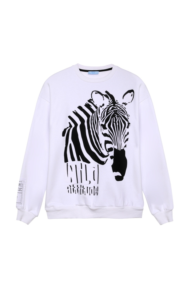 Zebra Baskılı Sweatshirt Beyaz - 1