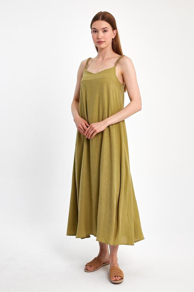 Askılı Keten Elbise - 4