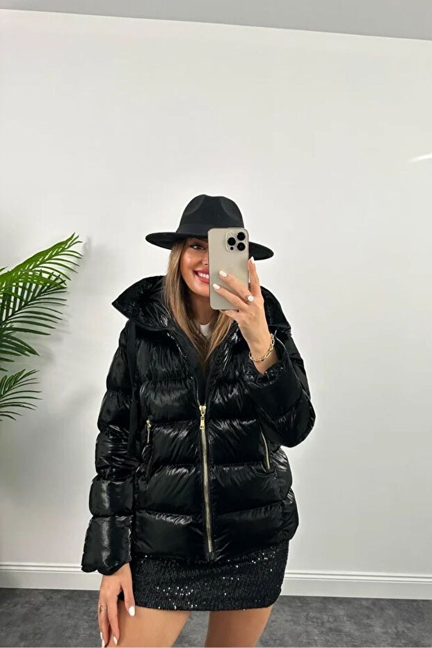 Black Shiny Puffer Puffer Jacket - 4