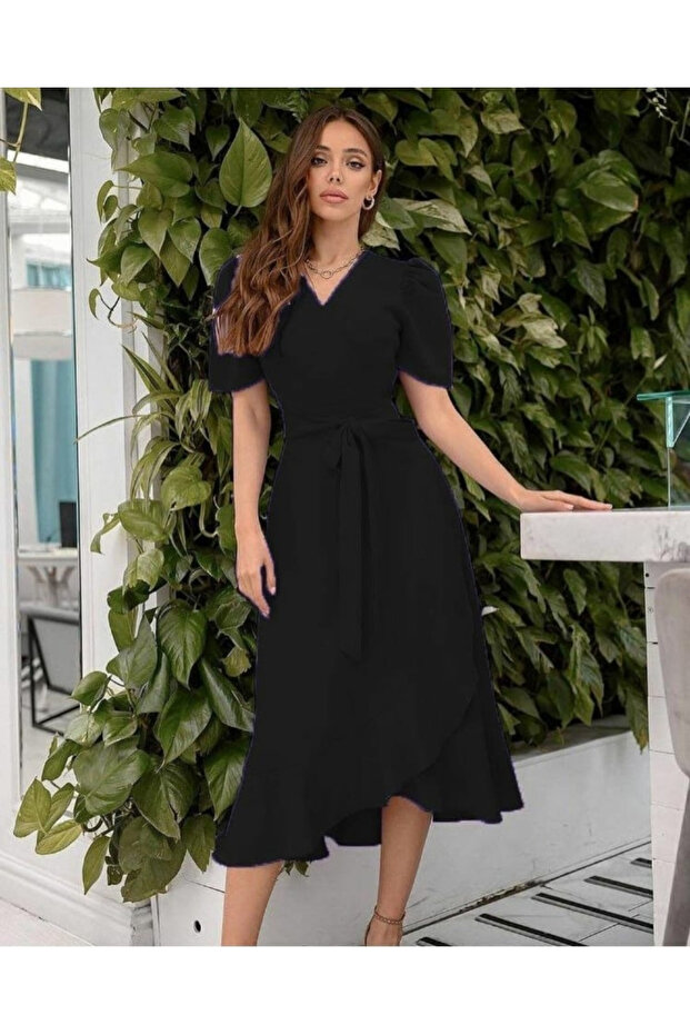 Women's Double Breasted Collar Midi Length Belted Crepe Dress 120 Cm
