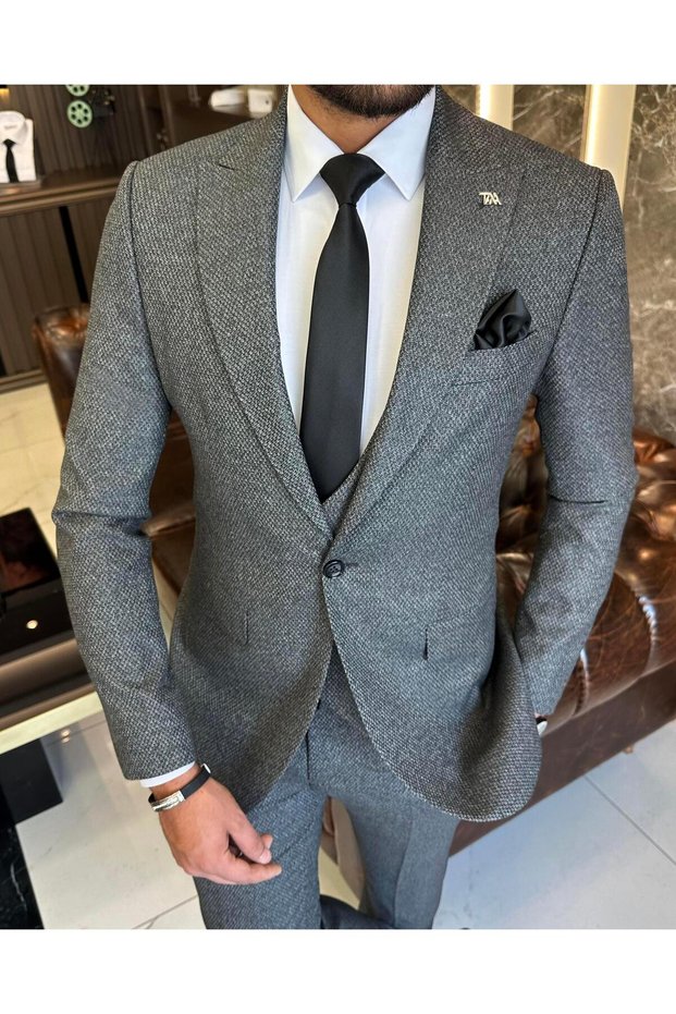 Italian style slim fit jacket vest pants suit gray T10324