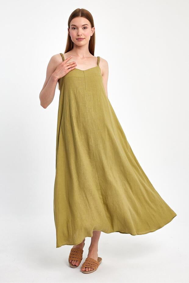 Askılı Keten Elbise - 5