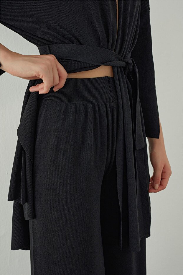 Siyah Boru Paça Basic Triko Pantolon - 2