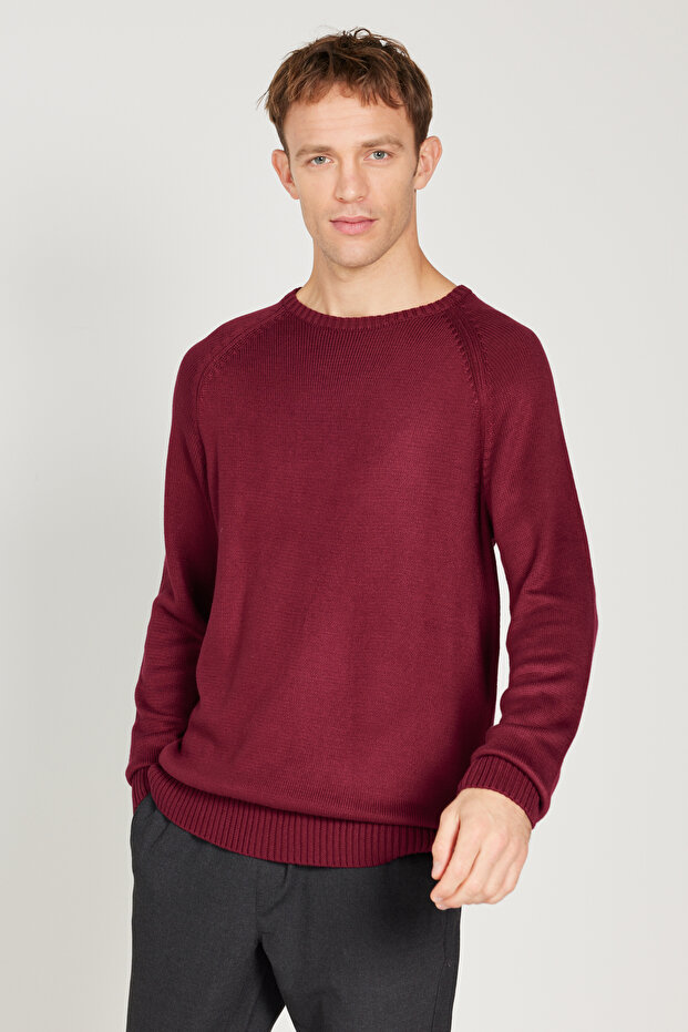Men's Claret Red Standard Fit Normal Cut Crew Neck Knitwear Sweater