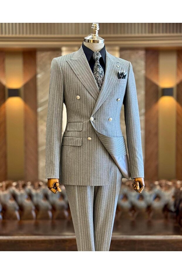 Italian Style 8 Drop Stripes Double-Breasted Jacket Trousers Suit Gray T10706