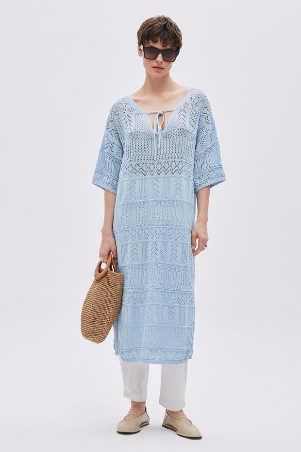 Mavi Ajurlu Oversize Triko Elbise - 1