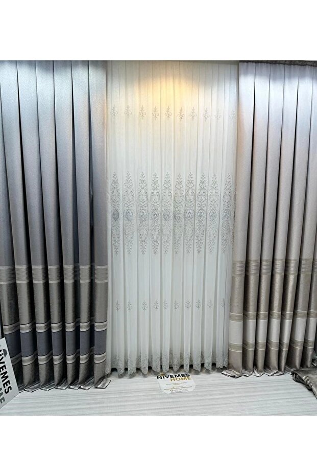 Uranium V-6113 Silver Detail 1/3 Firmly Plied Tulle Curtain Apm