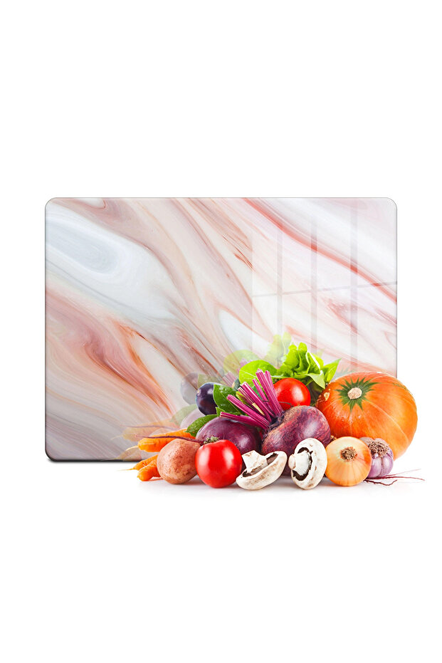 Glass Cutting Board and Presentation Holder Red Marble Look 30cm X 40cm