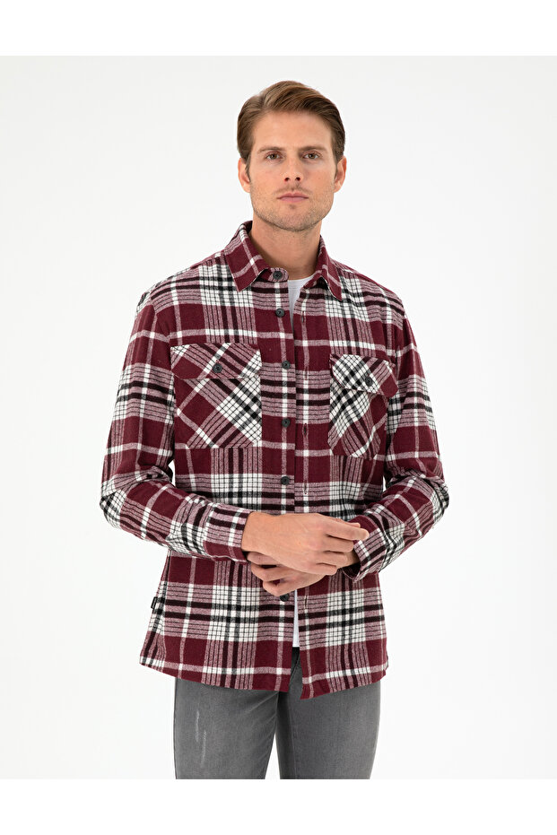 Burgundy Classic Collar Lumberjack Double Pocket Oversize Shirt Jacket 50292191-Vr223