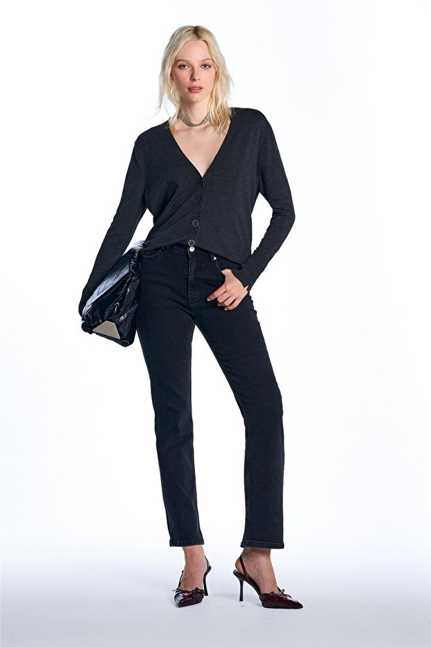 Antrasit Düğmeli Triko Hırka - 3