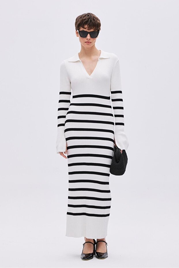 White Striped Long Knitwear Dress