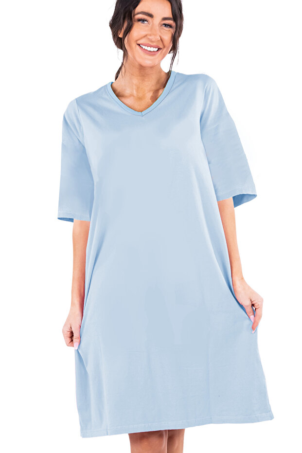 Plain Light Blue V Neck Half Sleeve Knee Length Comfortable Home Dress Nightgown