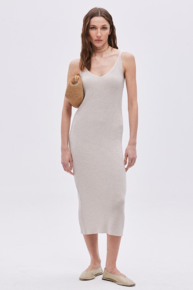 Beige Glitter V-Neck Knitwear Dress
