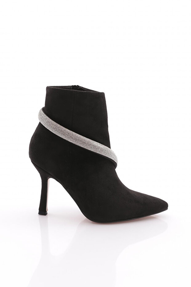 Ankle Cross Silver Stone Chain Detailed Women's Heeled Boots Black Suede 6837535