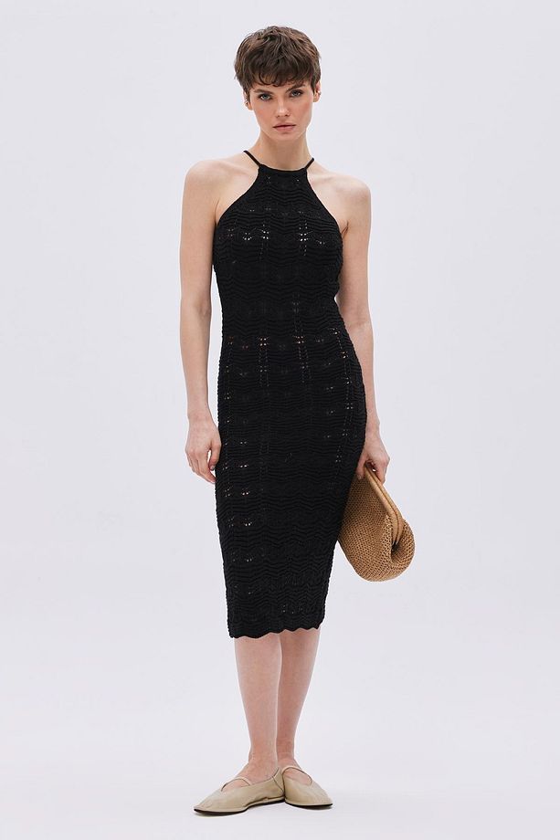 Siyah Halter Yaka Midi Triko Elbise - 2
