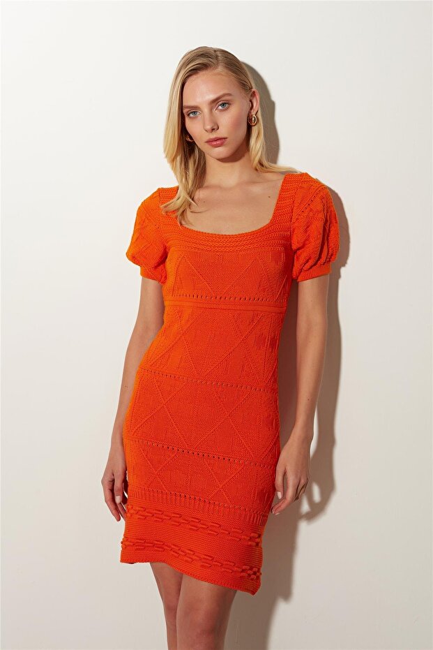 Orange Square Collar Knitwear Dress
