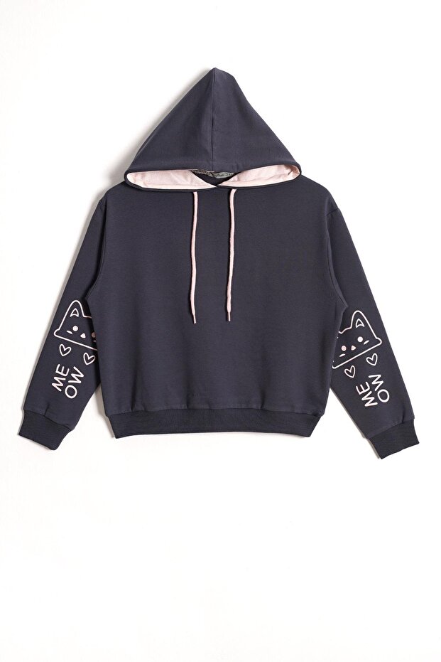 Hooded Long Sleeve Smoke Color Girl's Sweatshirt