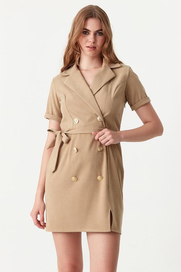 Women's Light Brown Button Detailed Belted Jacket Dress