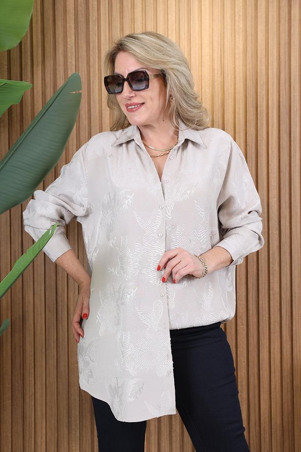 Çiçek Baskı Oversize Bej Gömlek - 2