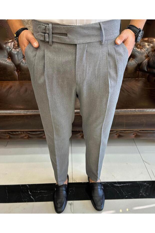 Italian Cut Belt Pleated Anthracite Fabric Pants T10804