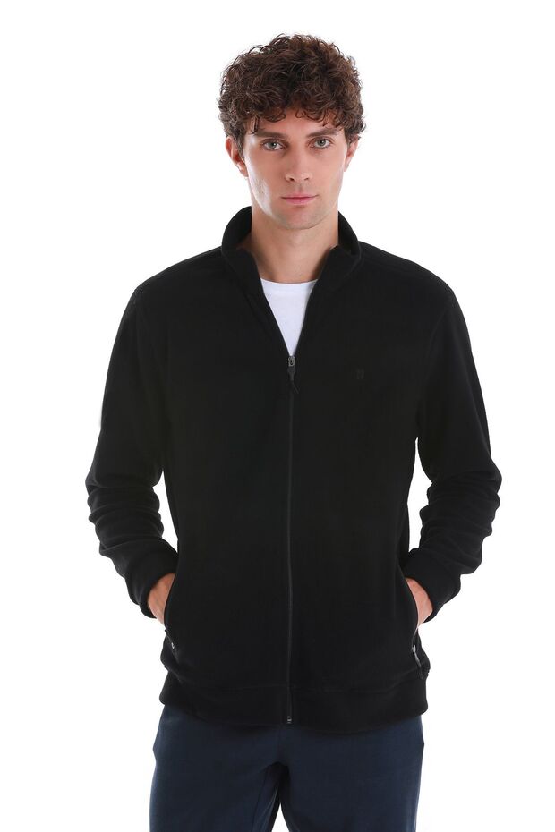 Black Regular Fit Full Zipper Fleece Sweatshirt