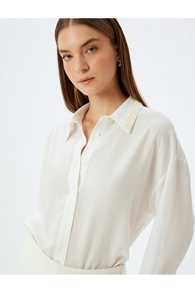 Viscose Shirt with Pearl Embroidery Detail on the Collar and Long Sleeves