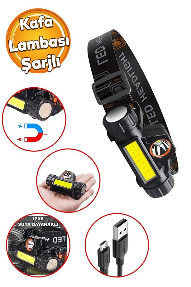 Kafa Feneri Şarjlı Mıknatıslı Lityum Lion Pilli 1200 Lümen Cob Led Kafa Lambası Çalışma Lambası - 1