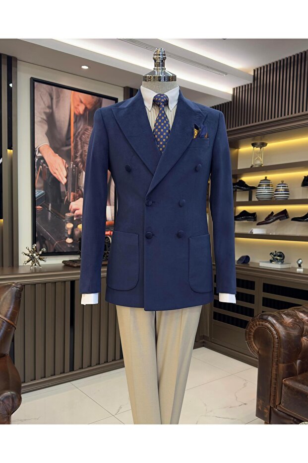 Italian style velvet double-breasted men's single jacket navy blue T11036