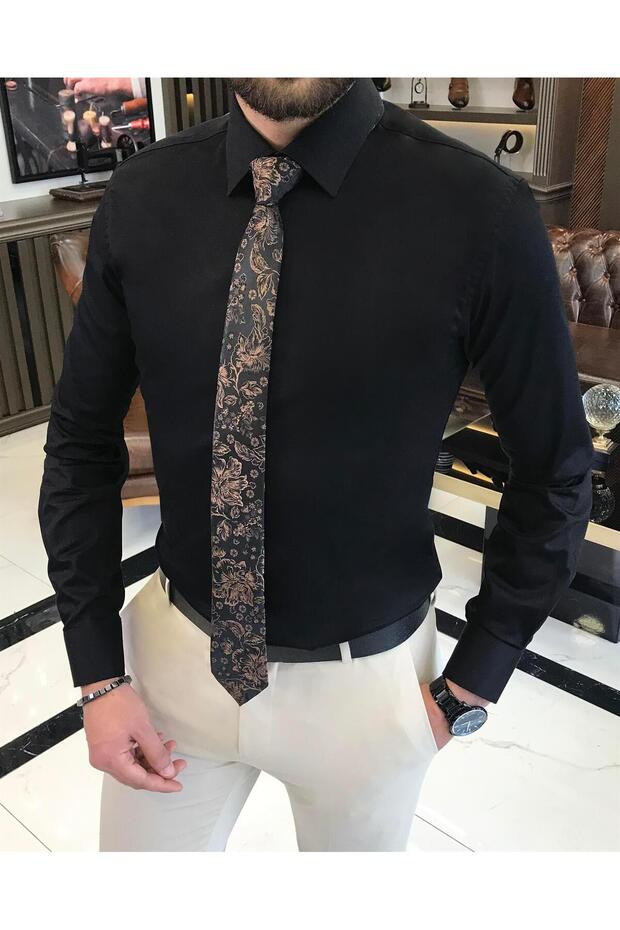 Italian style slim fit satin cotton men's tie collar shirt black T9422
