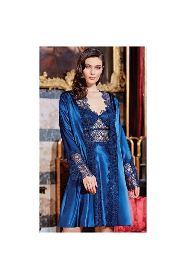 642 Dowel Silk Satin Ruched Short Set of Six - Navy Blue