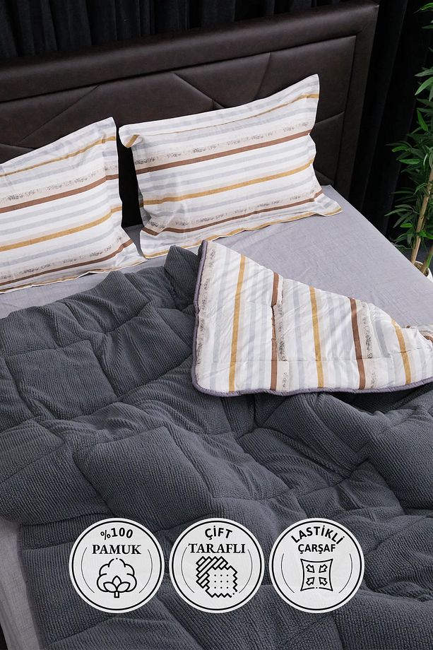 Oso Blanco Sherpa Çift Kişilik Comforter Uyku Seti -  Antrasit - 1
