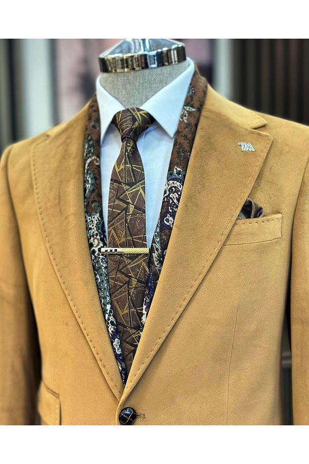 İtalyan stil kadife erkek tek ceket camel T11040 - 5