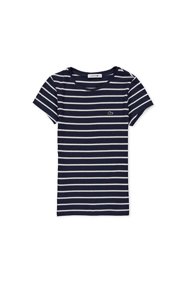 Kadın Slim Fit Bisiklet Yaka Çizgili Lacivert T-Shirt - 4