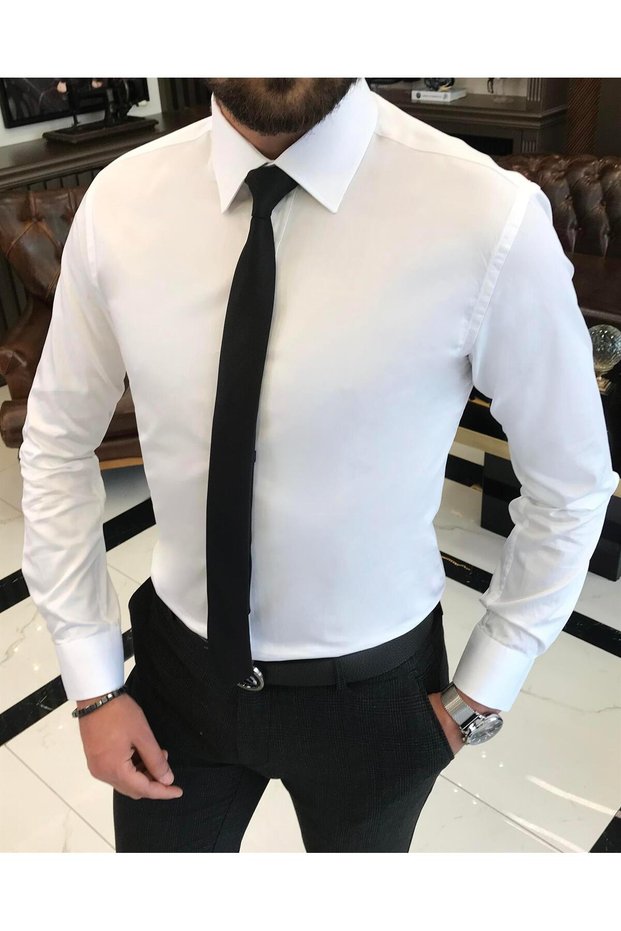 Italian style slim fit satin cotton men's tie collar shirt white T9424