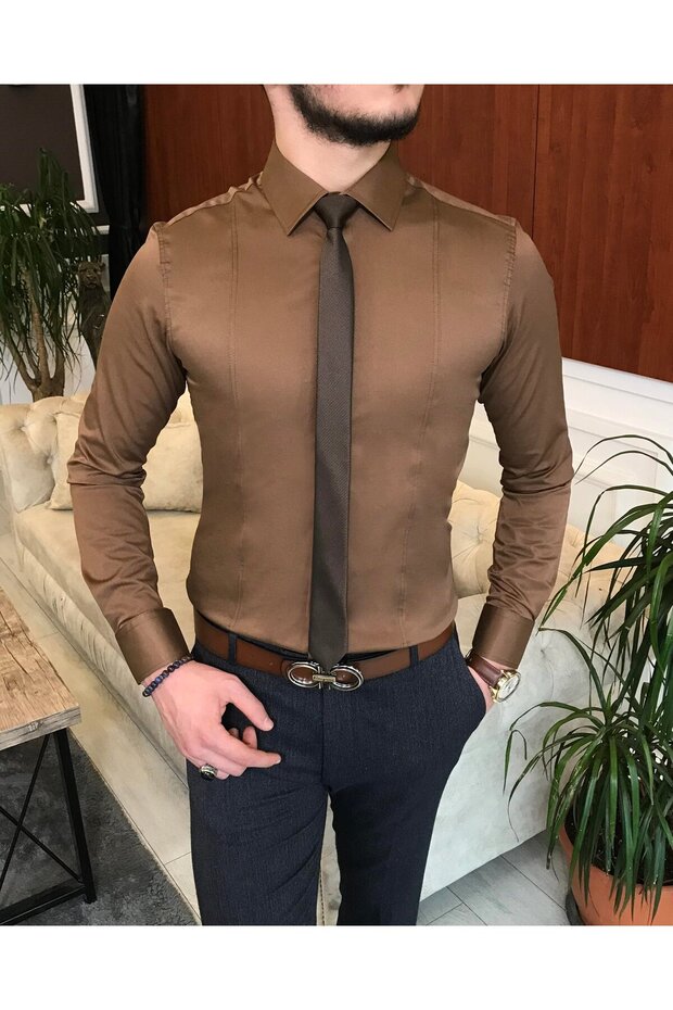Italian Style Slim Fit Men's Tie Collar Shirt Brown T6818