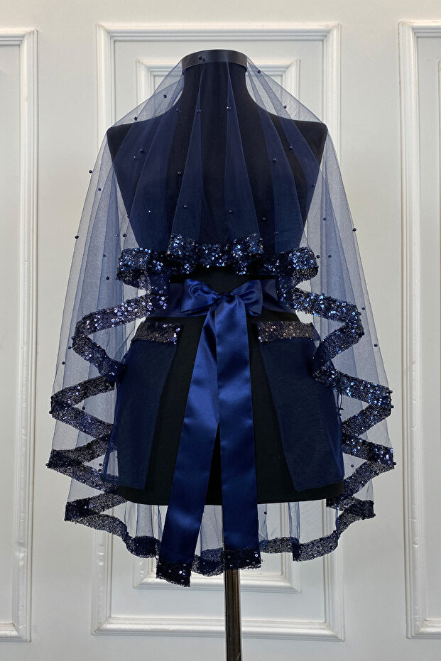 Navy Blue Sequin and Pearls Bridal Veil Set, Henna Night Veil Alı Cover 6 Pieces