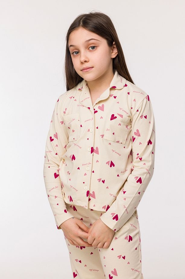 10-16 Yaş Kız Çocuk Pijama-Ypd - 912-Kalp Baskılı Ekru - 4