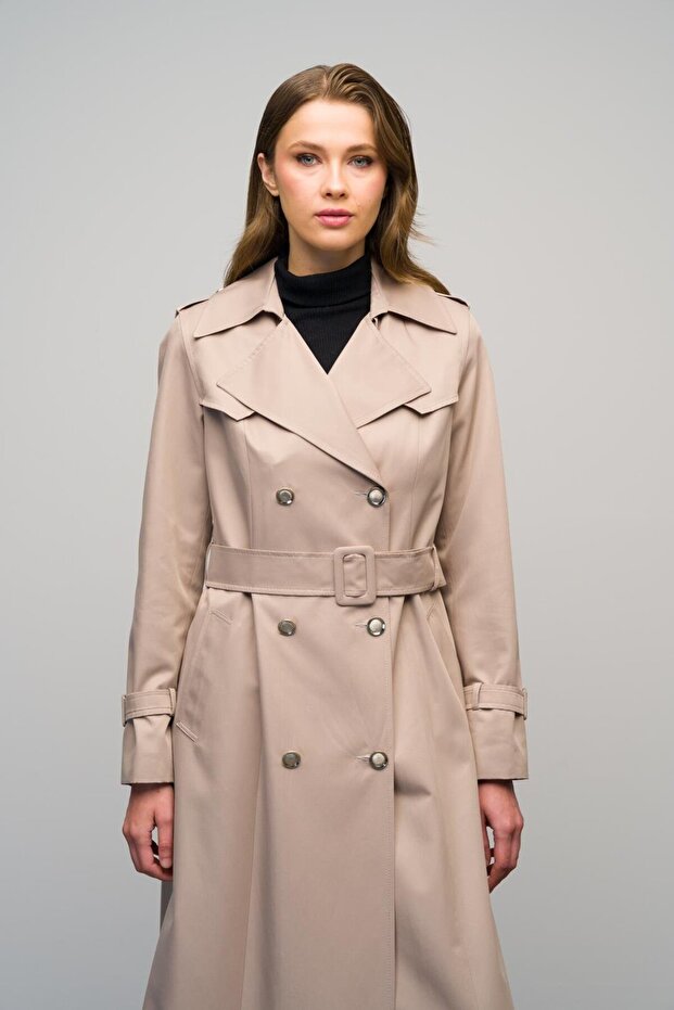 Zweireihiger, mittellanger Trenchcoat – Epaulet- und Cape-Detail, STONE 6617 - 4