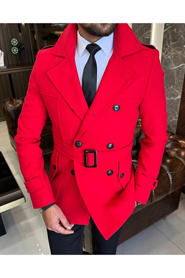 Italian Style Men's Short Cashew Trench Coat Coat Red T4386