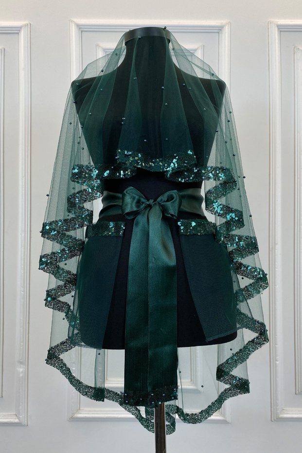 Emerald Green Sequin and Pearls Bridal Veil Set, Henna Night Veil Alı Cover 6 Pieces