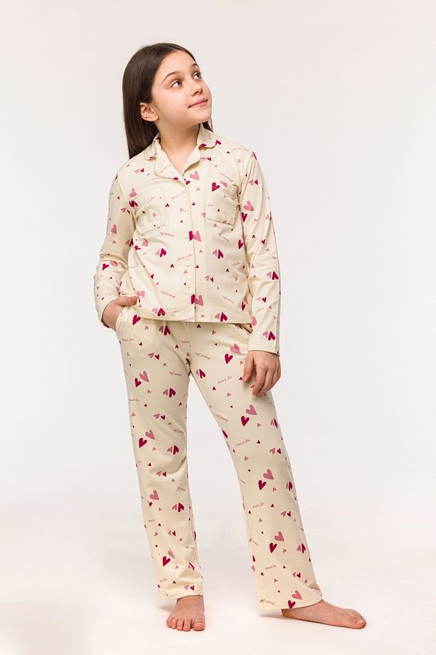 10-16 Yaş Kız Çocuk Pijama-Ypd - 912-Kalp Baskılı Ekru - 3