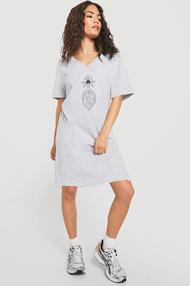 Star Princess Gray V Neck Half Sleeve Knee Length Comfortable Home Dress Nightgown