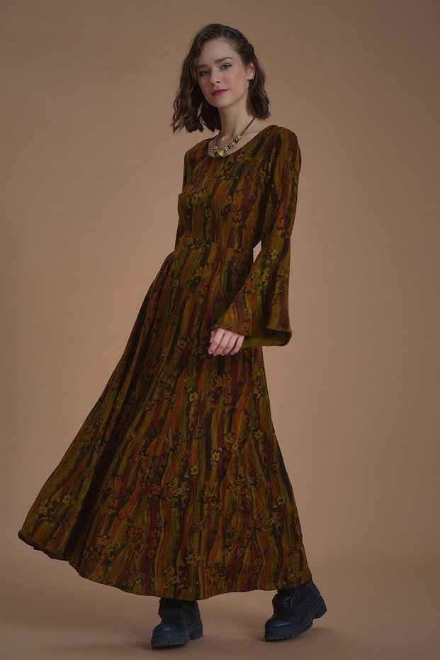 Printed Boat Neck Waist Tie Khaki Spanish Sleeve Women's Dress