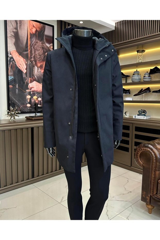 Italian style slim fit men's hooded long coat black T10678