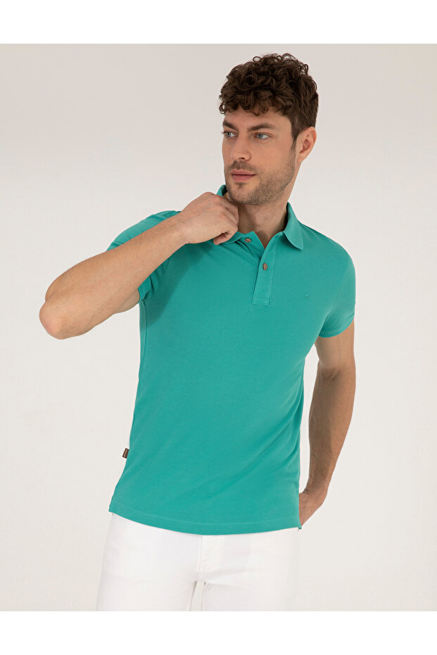 Green Slim Fit 100% Cotton Buttoned Polo Collar Basic T-Shirt 50262660-Vr083