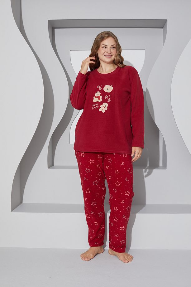 bordo Nakışlı Alt-Üst Polar Curve Büyük Beden Battal Boy Pijama Takım24222515 - 2