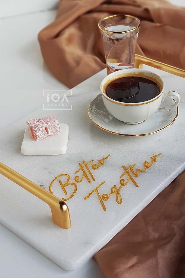 Better Together - Gerçek Ince Mermer Söz/nişan Tepsisi 2 Adet Çıkarılabilir Yüzüklük - Altın Kulp - 8